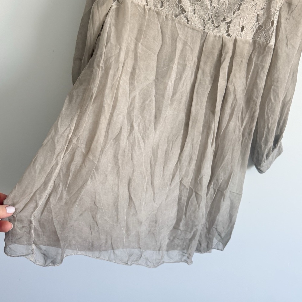 AMANTI Silk Taupe blouse Women M Lace Italy Romantic Poet Forest Fairy Whimsy - Picture 4 of 12